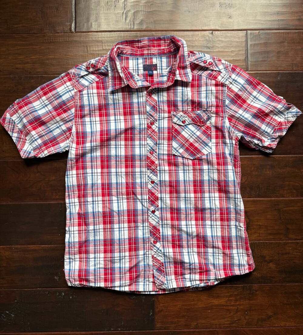 Vintage Y2K Red Plaid Short Sleeve Western Snap Button Shirt Size Large